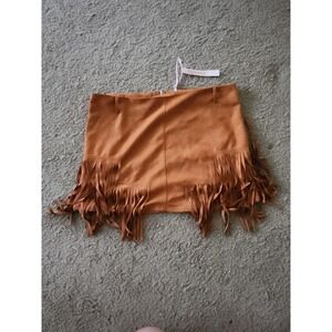 NWT Ekklesia Women Brown Faux Leather Fringe‎ Skirt M Full Zipper Back